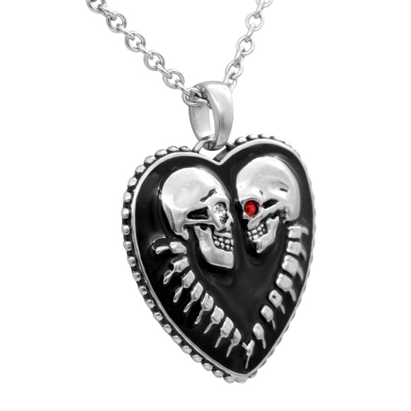 Black Skull Heart Love Punk Crystals Necklace - Picture 2 of 5